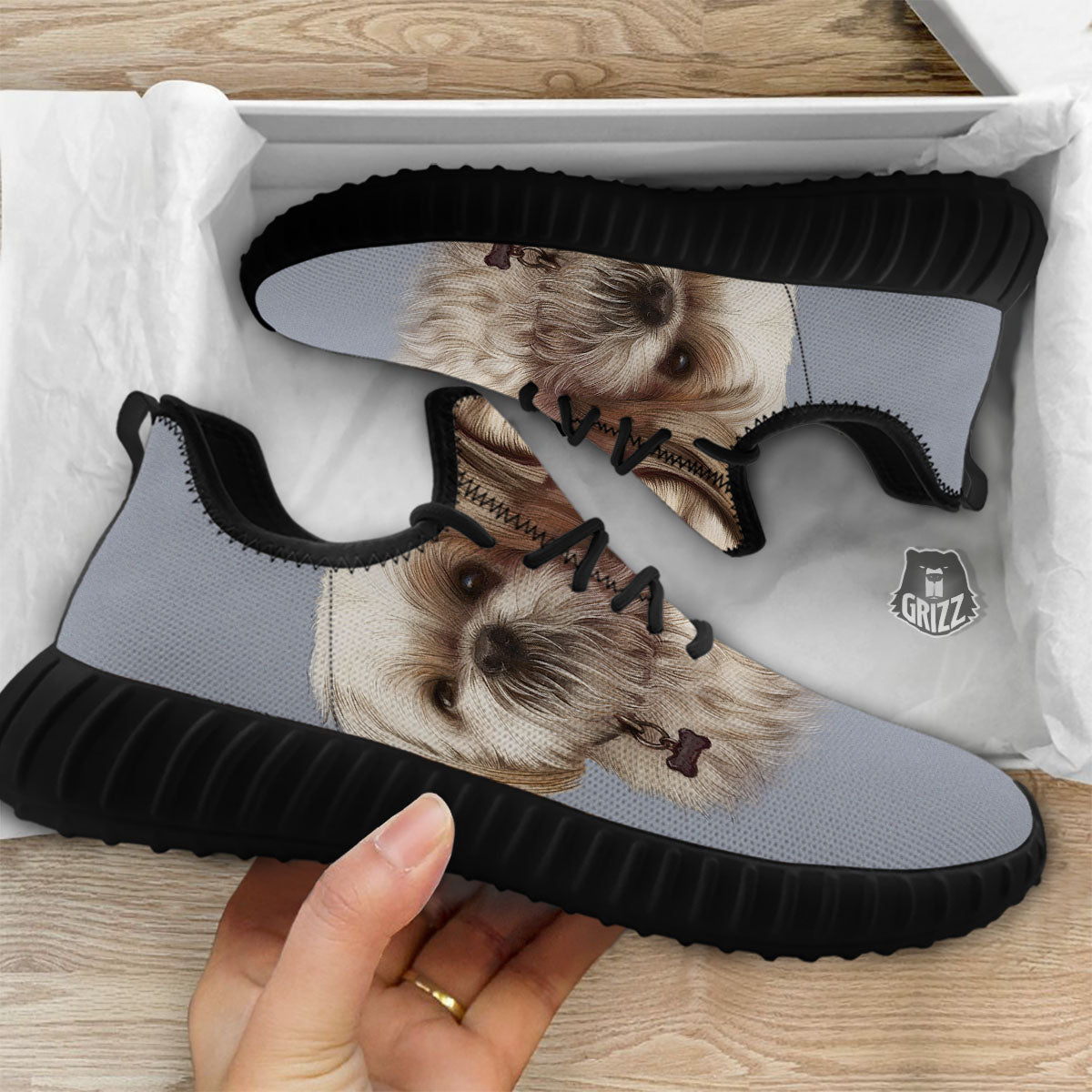 Portrait Shih Tzu Print Black Walking Shoes-grizzshop