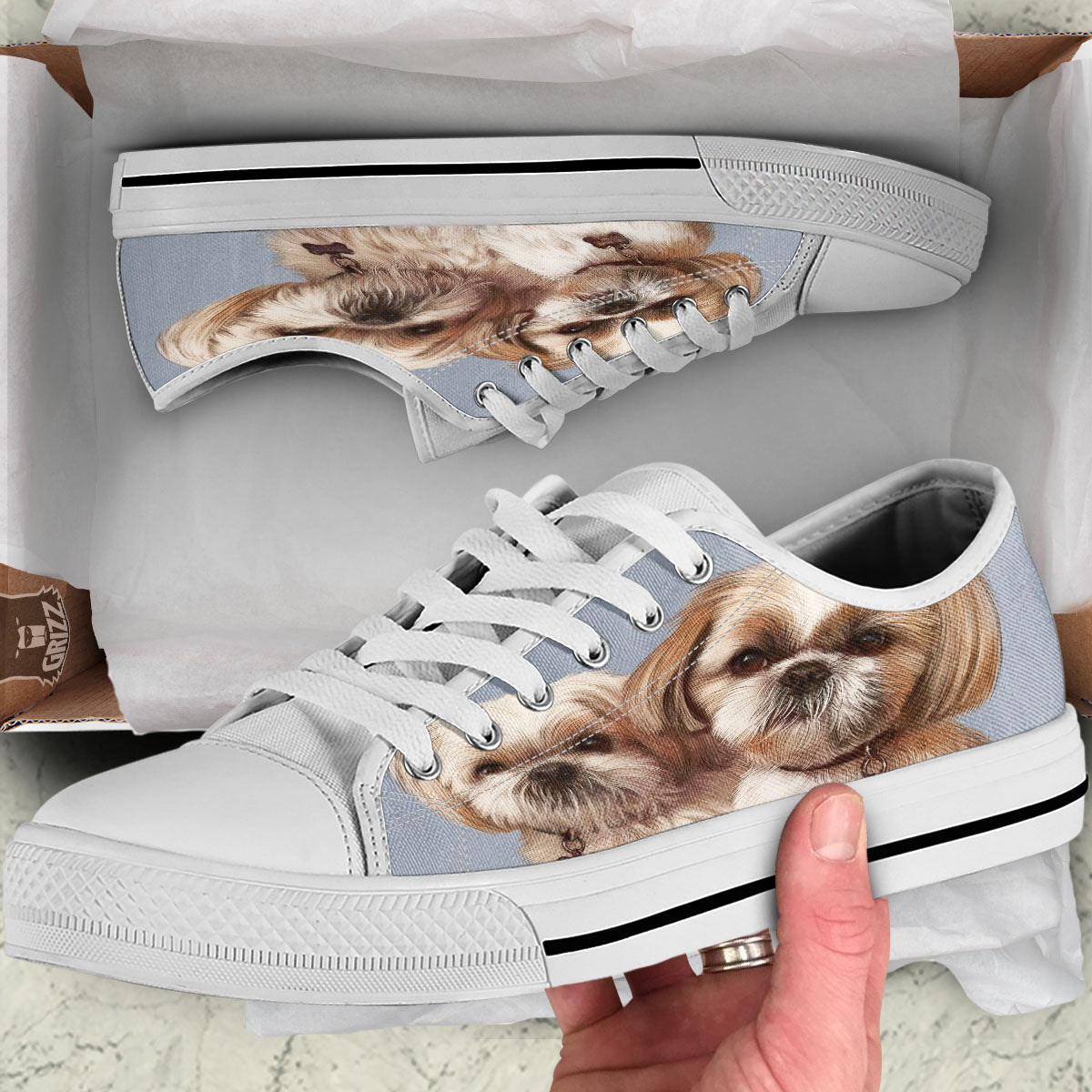 Portrait Shih Tzu Print White Low Top Shoes-grizzshop
