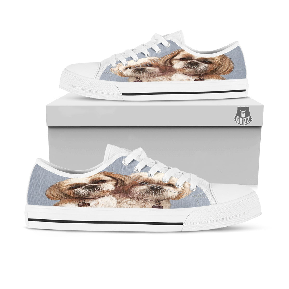 Portrait Shih Tzu Print White Low Top Shoes-grizzshop