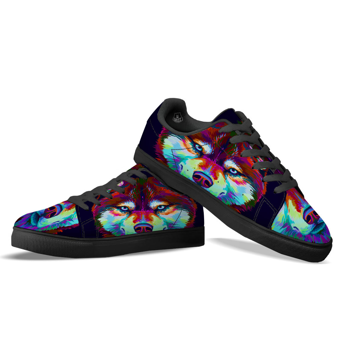 Portrait Siberian Husky Print Black Low Top Sneakers-grizzshop