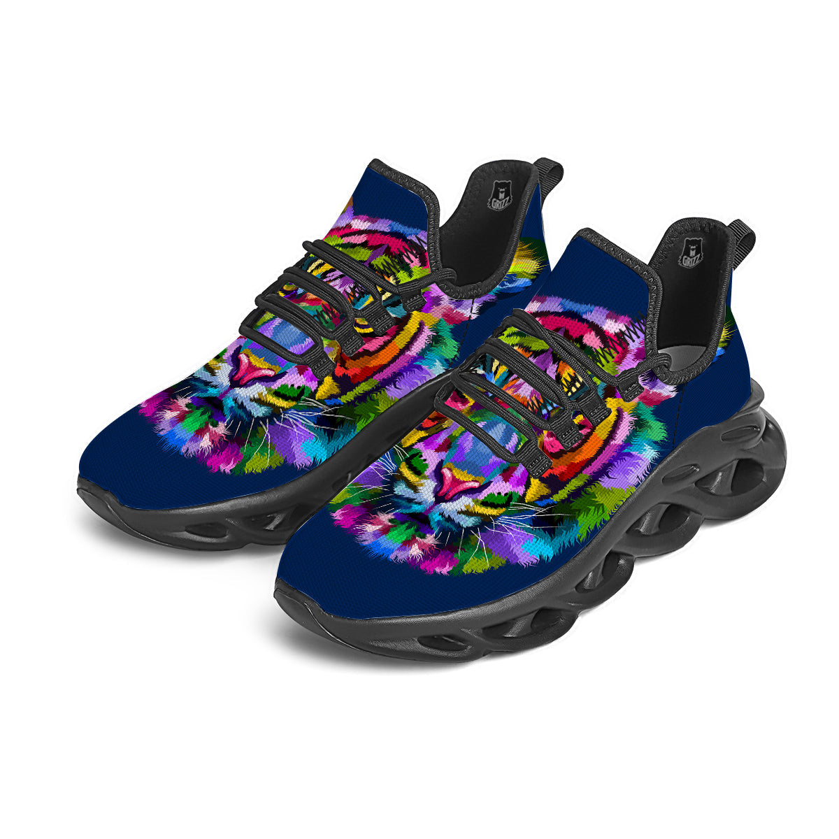 Portrait Tiger Colorful Print Black Running Shoes-grizzshop