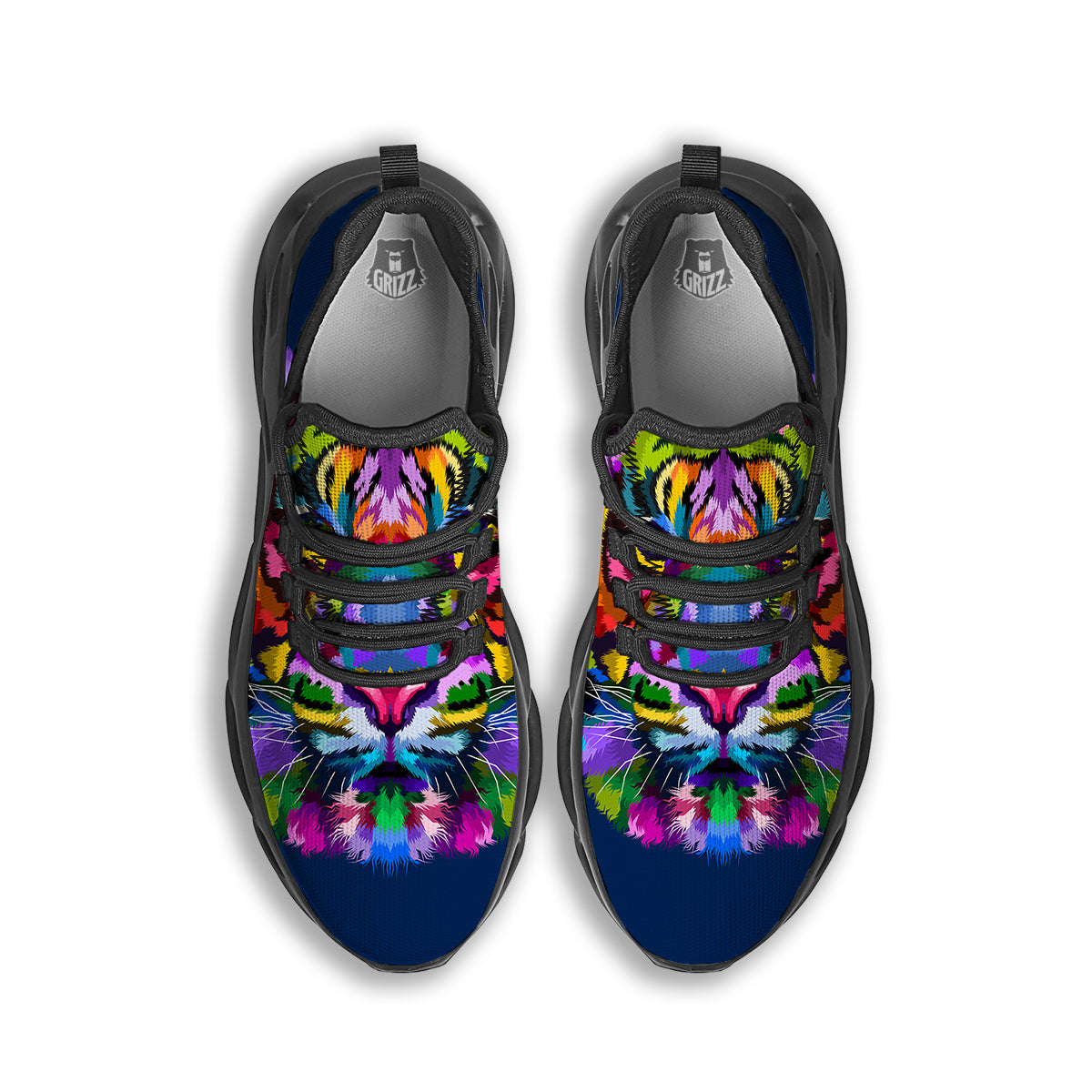 Portrait Tiger Colorful Print Black Running Shoes-grizzshop
