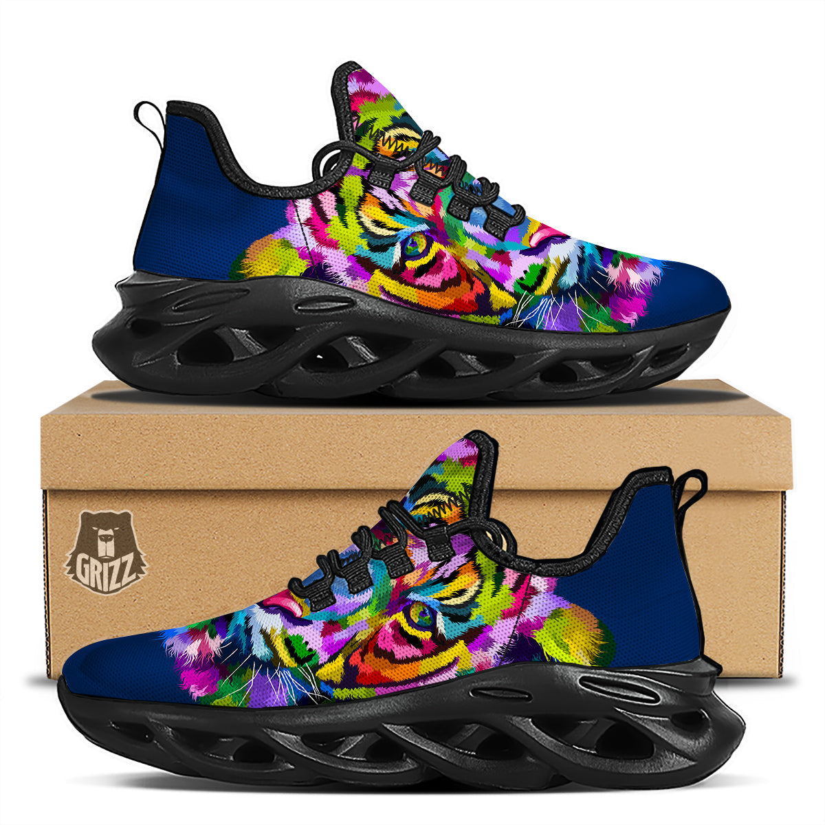 Portrait Tiger Colorful Print Black Running Shoes-grizzshop