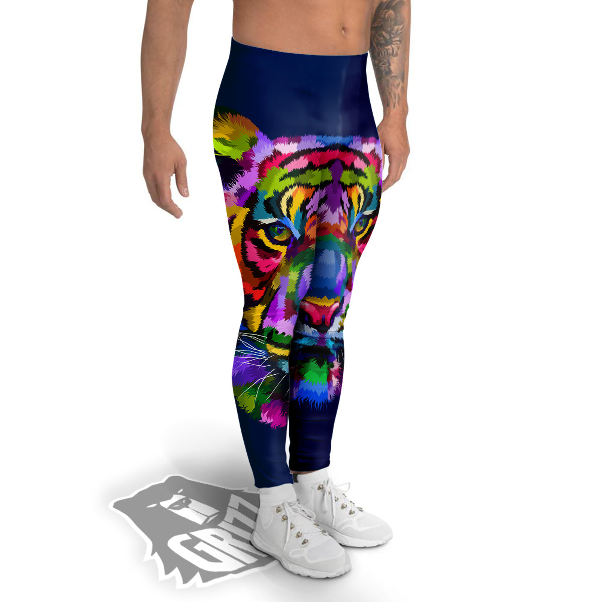 Portrait Tiger Colorful Print Men's Leggings-grizzshop