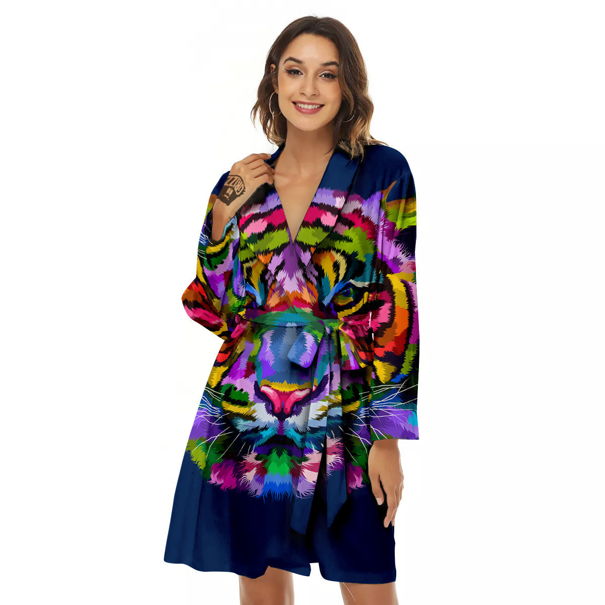 Portrait Tiger Colorful Print Women's Robe-grizzshop