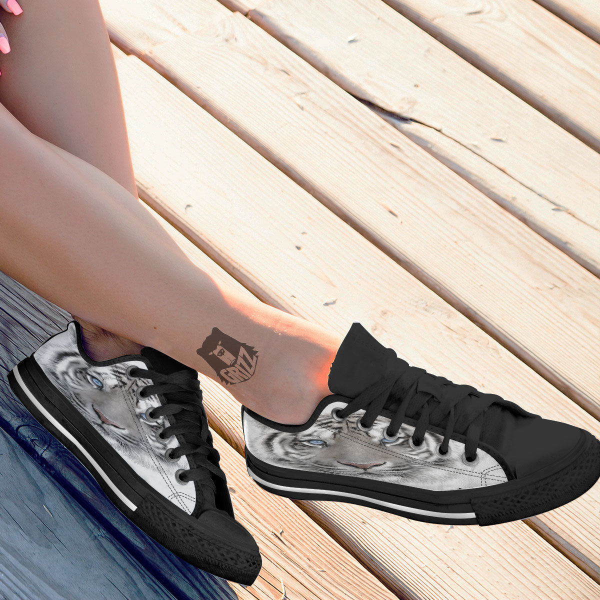 Portrait White Tiger Print Black Low Top Shoes-grizzshop