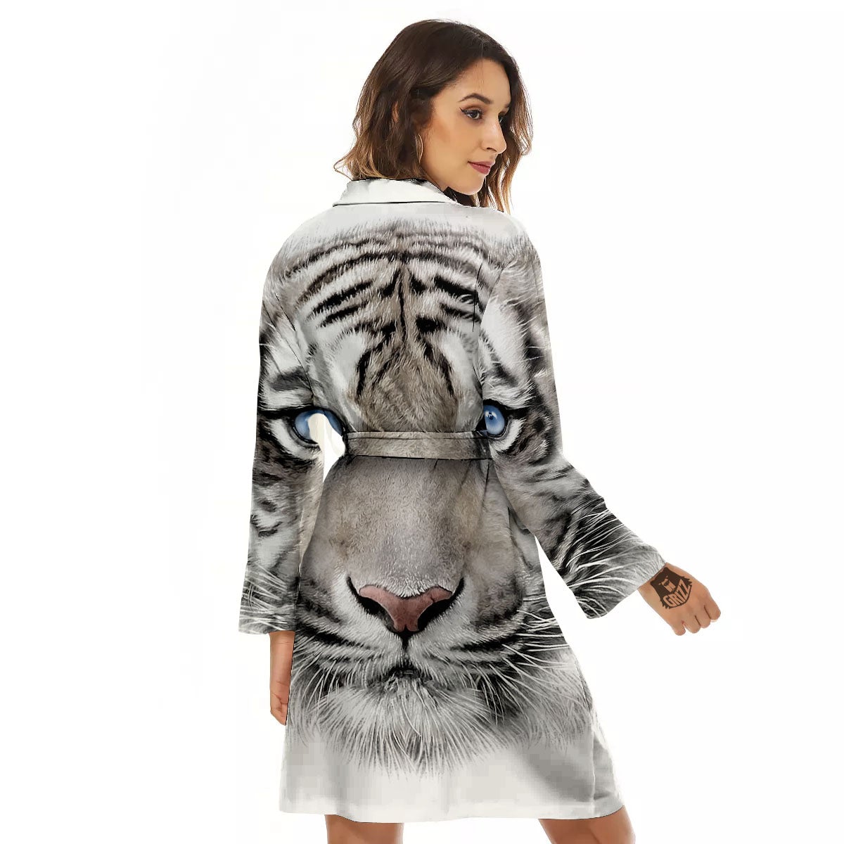 Portrait White Tiger Print Women's Robe-grizzshop