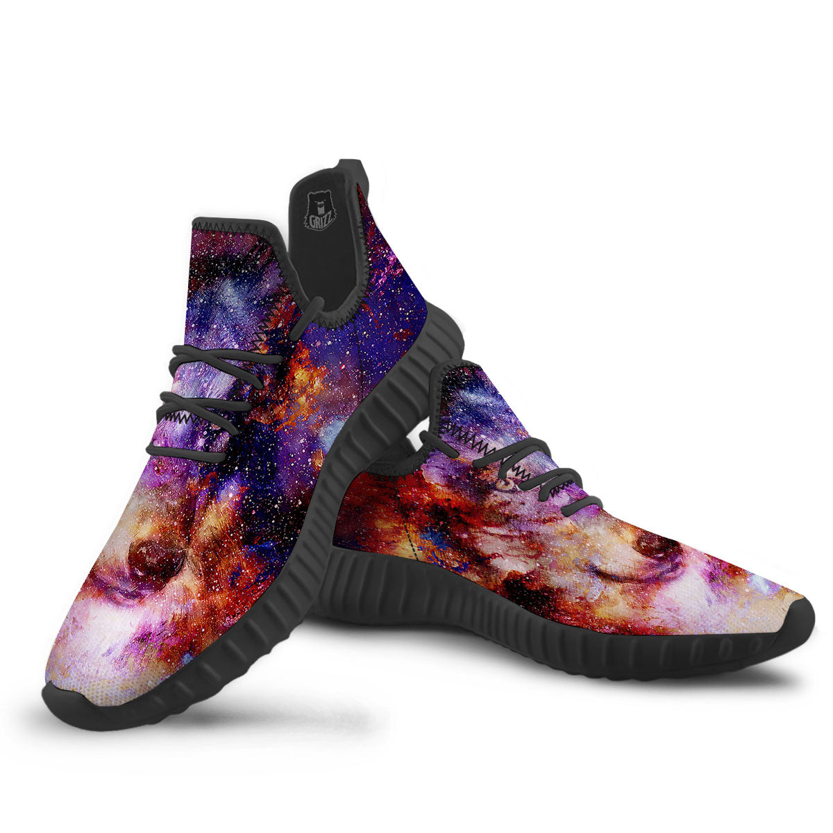 Portrait Wolf Galaxy Print Black Walking Shoes-grizzshop