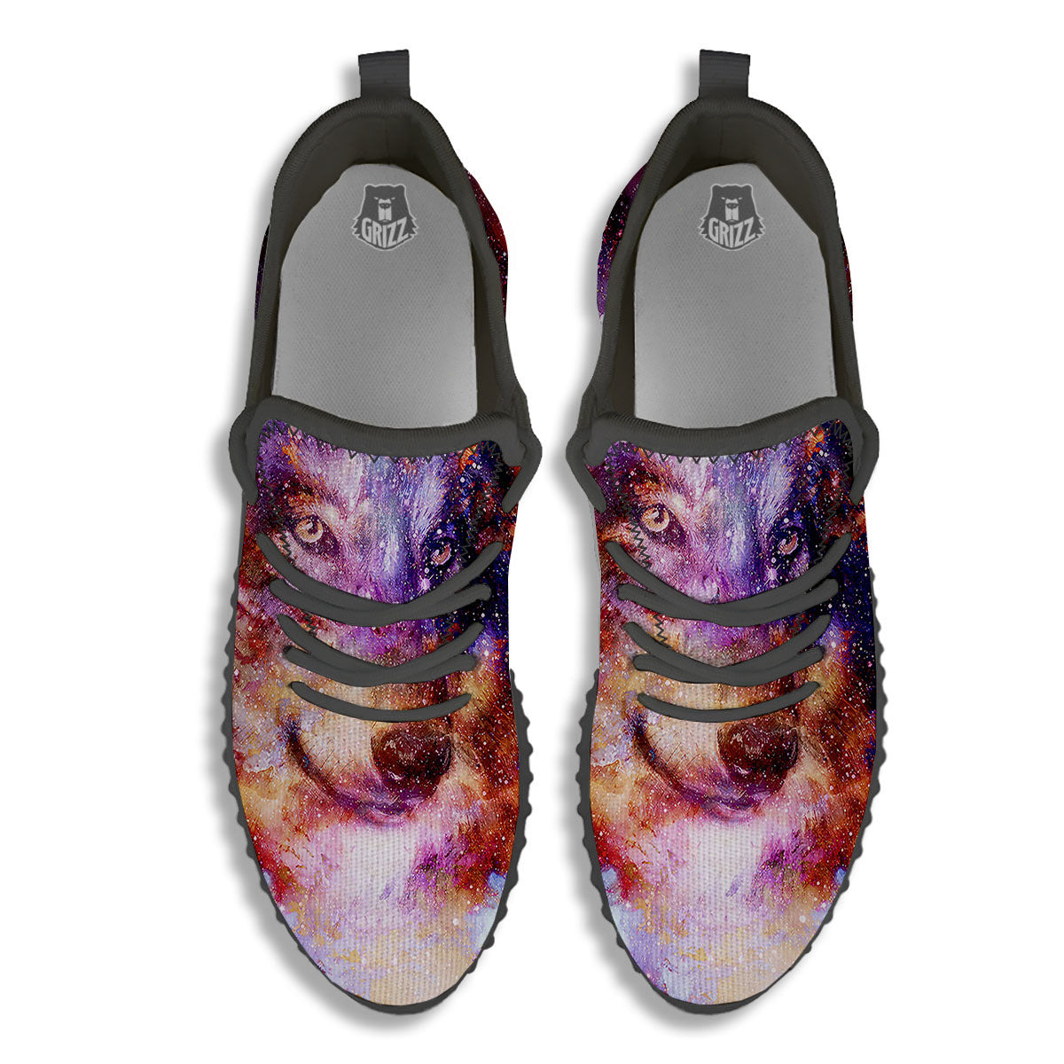 Portrait Wolf Galaxy Print Black Walking Shoes-grizzshop