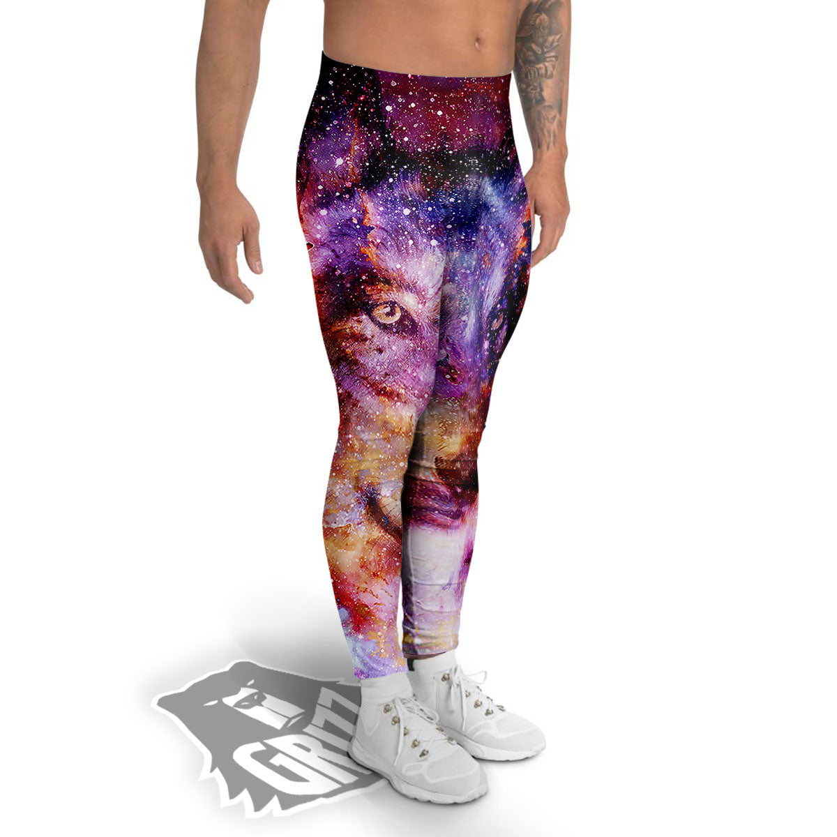 Portrait Wolf Galaxy Print Men's Leggings-grizzshop