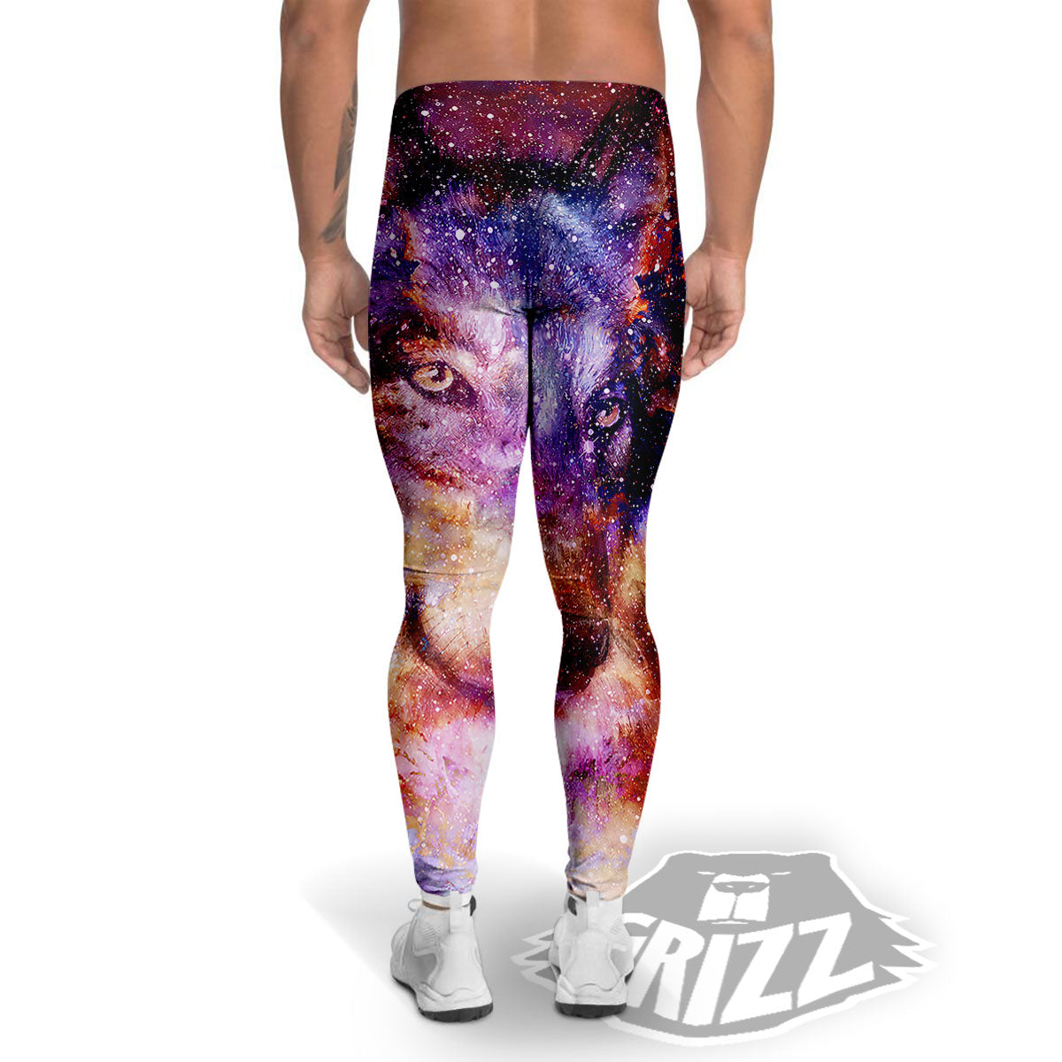 Portrait Wolf Galaxy Print Men's Leggings-grizzshop