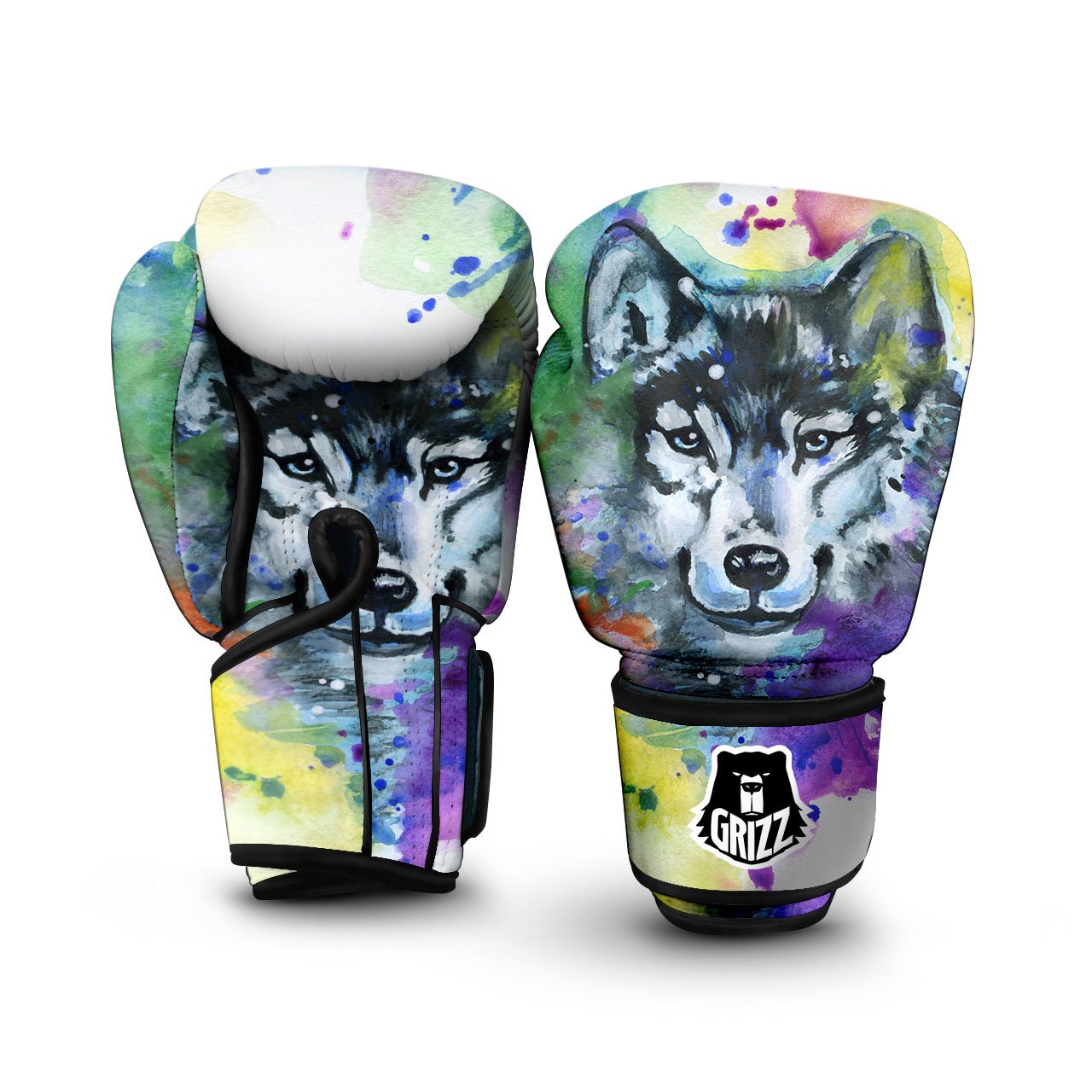 Portrait Wolf Watercolor Print Boxing Gloves-grizzshop