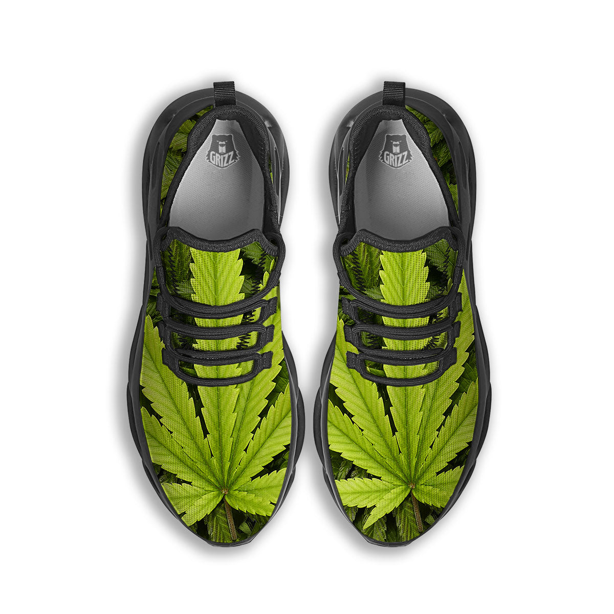 Pot Leaf Green Print Black Running Shoes-grizzshop