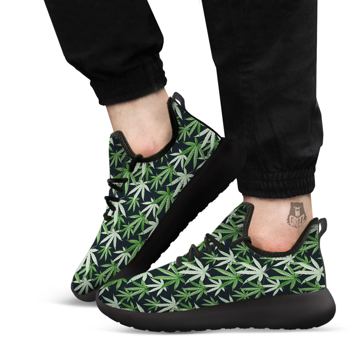 Pot Leaf Green Print Pattern Black Athletic Shoes-grizzshop
