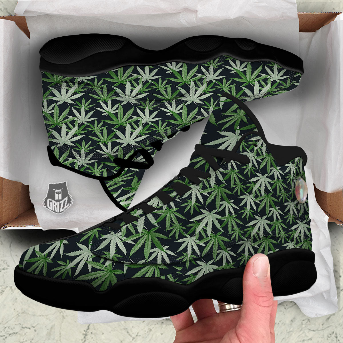 Pot Leaf Green Print Pattern Black Basketball Shoes-grizzshop