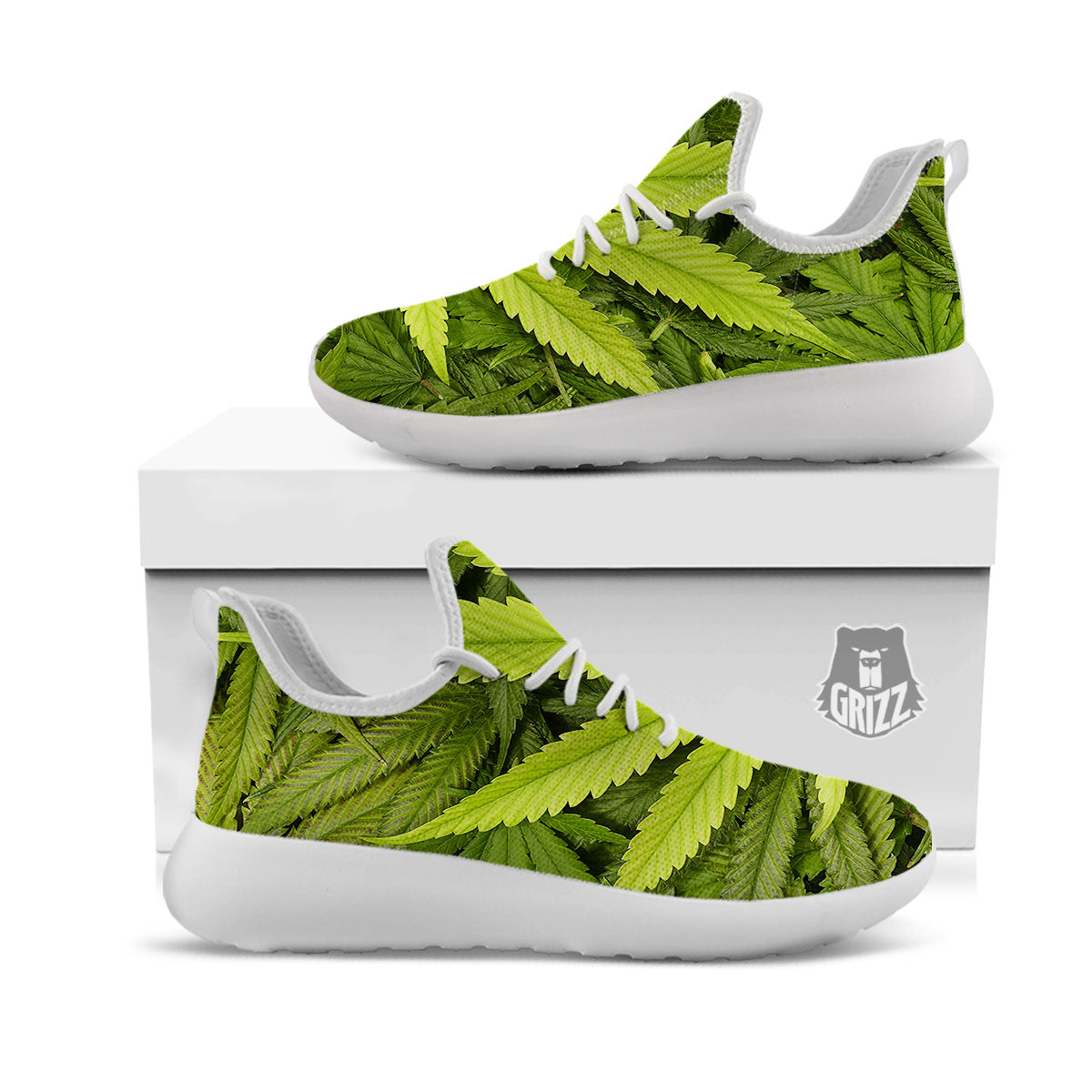 Pot Leaf Green Print White Athletic Shoes-grizzshop