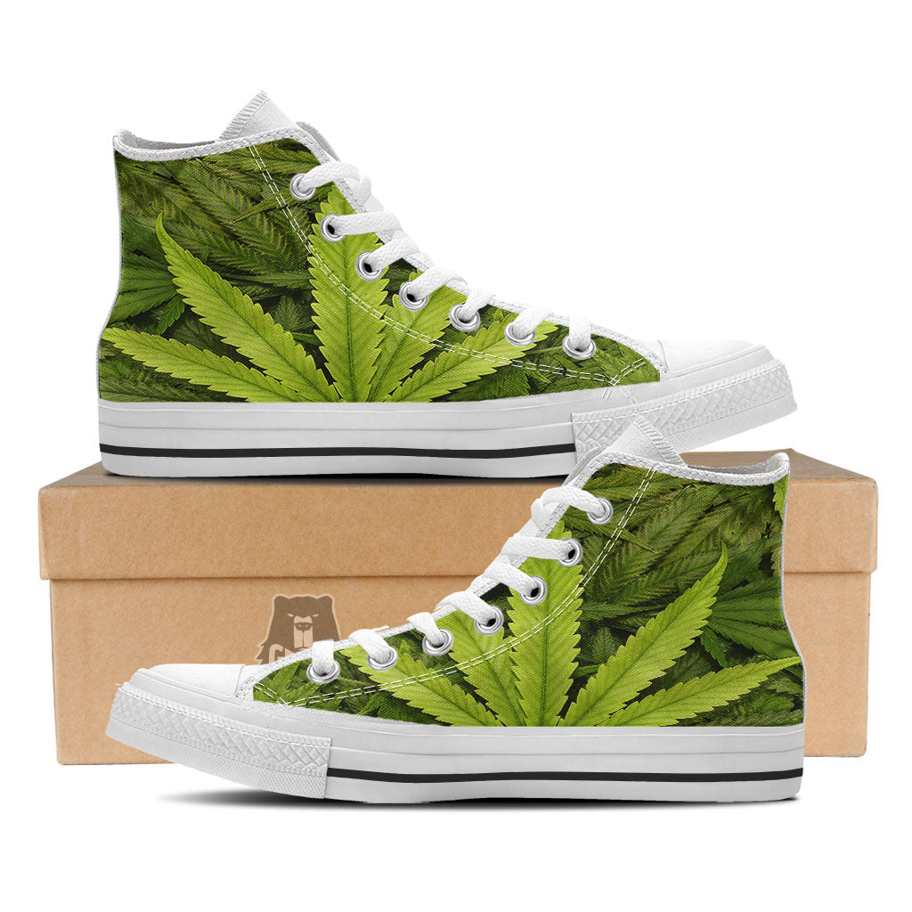 Pot Leaf Green Print White High Top Shoes-grizzshop