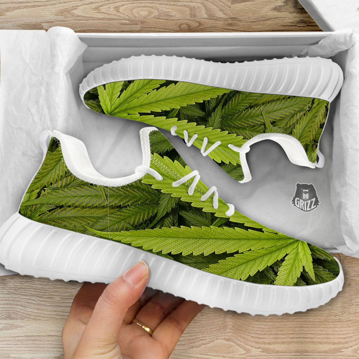 Pot Leaf Green Print White Walking Shoes-grizzshop