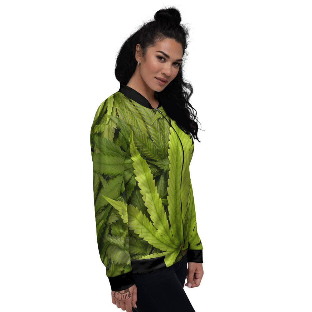 Pot Leaf Green Print Women's Bomber Jacket-grizzshop