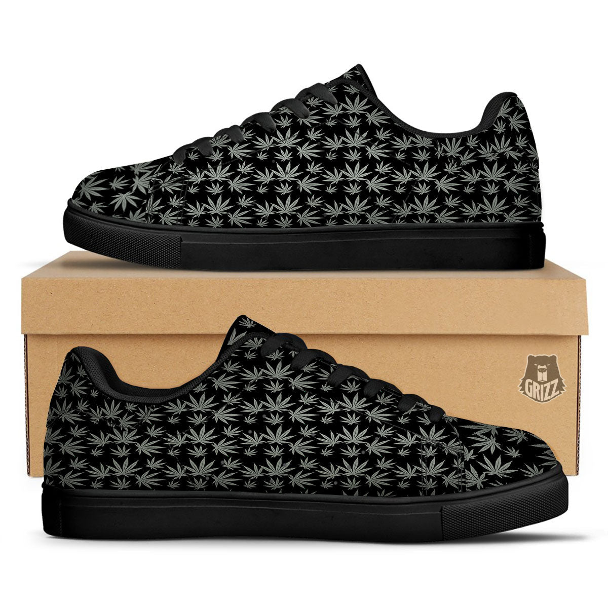 Pot Leaf Grey And Black Print Pattern Black Low Top Sneakers-grizzshop