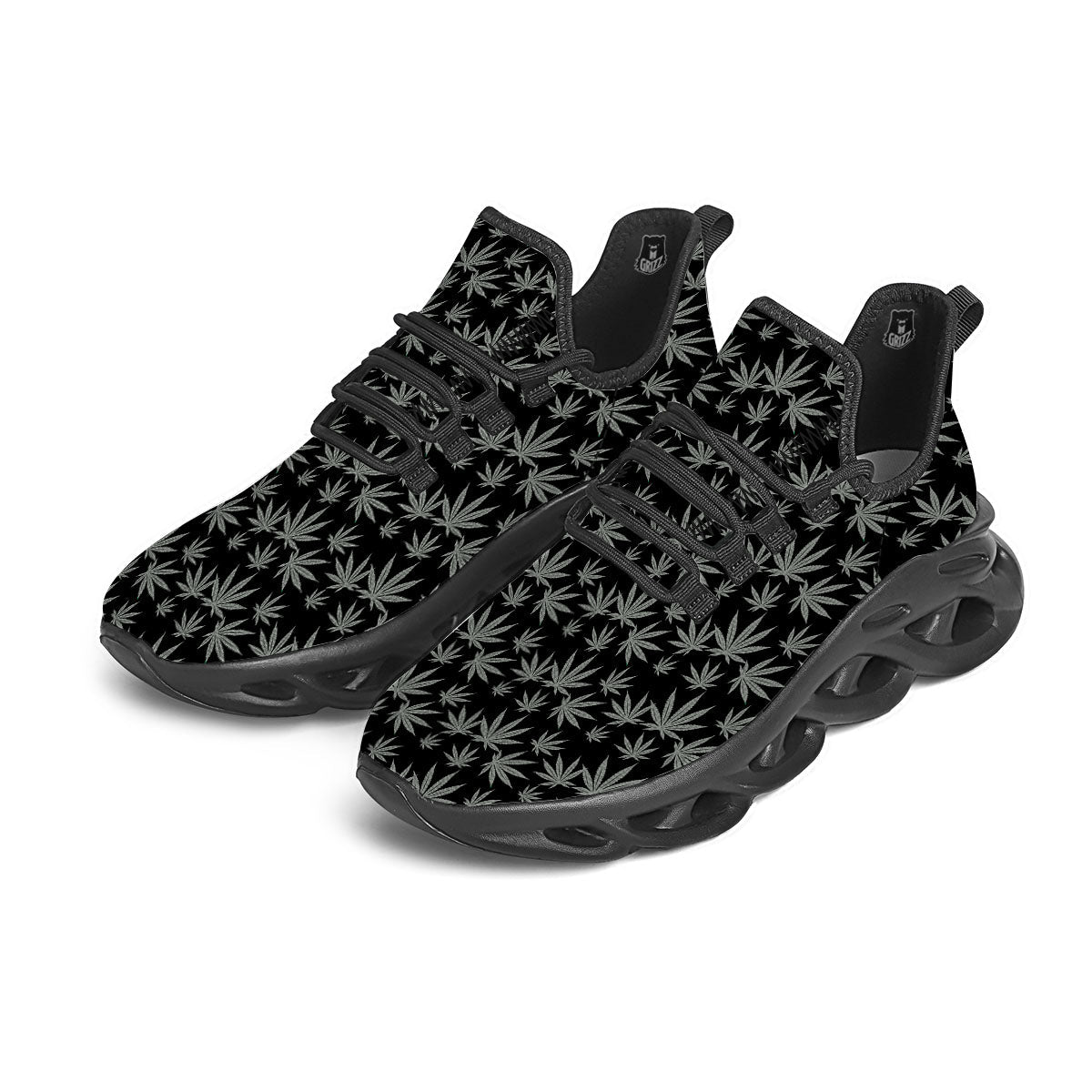 Pot Leaf Grey And Black Print Pattern Black Running Shoes-grizzshop