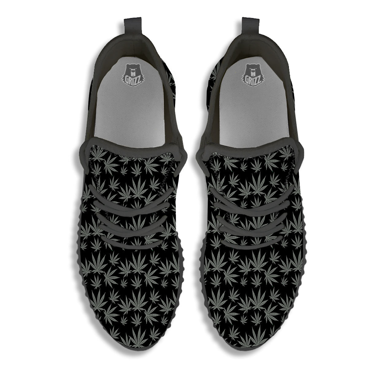 Pot Leaf Grey And Black Print Pattern Black Walking Shoes-grizzshop