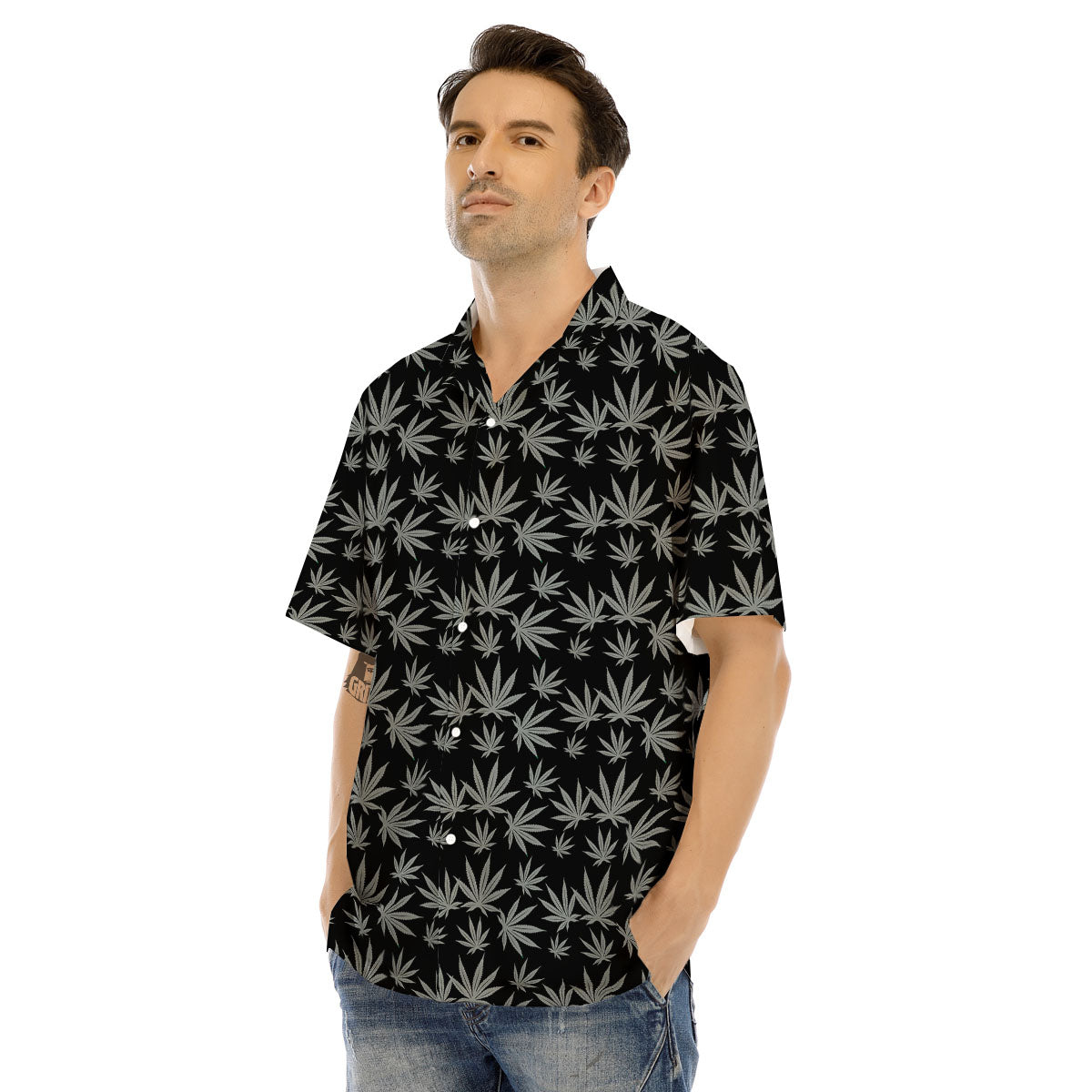 Pot Leaf Grey And Black Print Pattern Men's Hawaiian Shirt-grizzshop