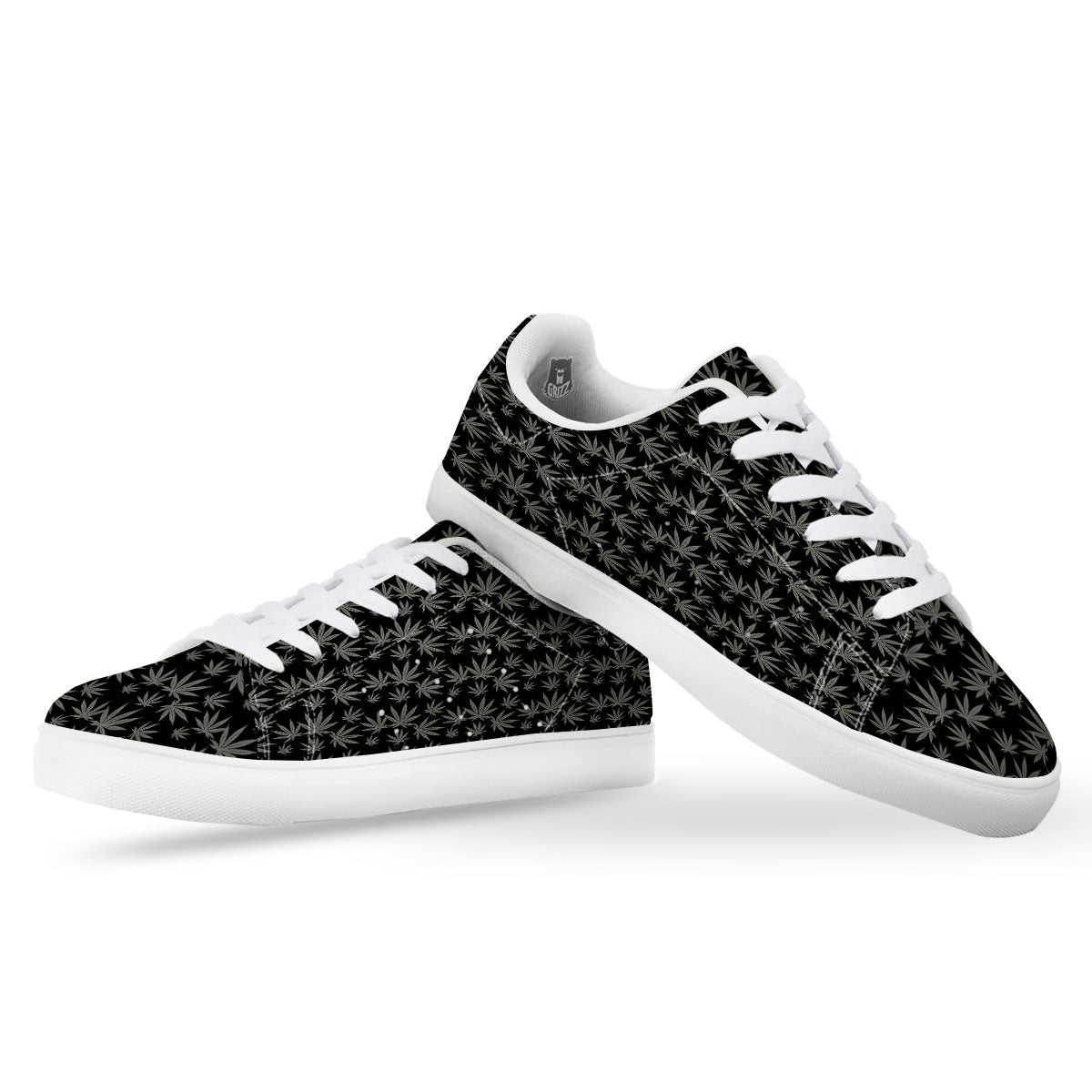 Pot Leaf Grey And Black Print Pattern White Low Top Sneakers-grizzshop