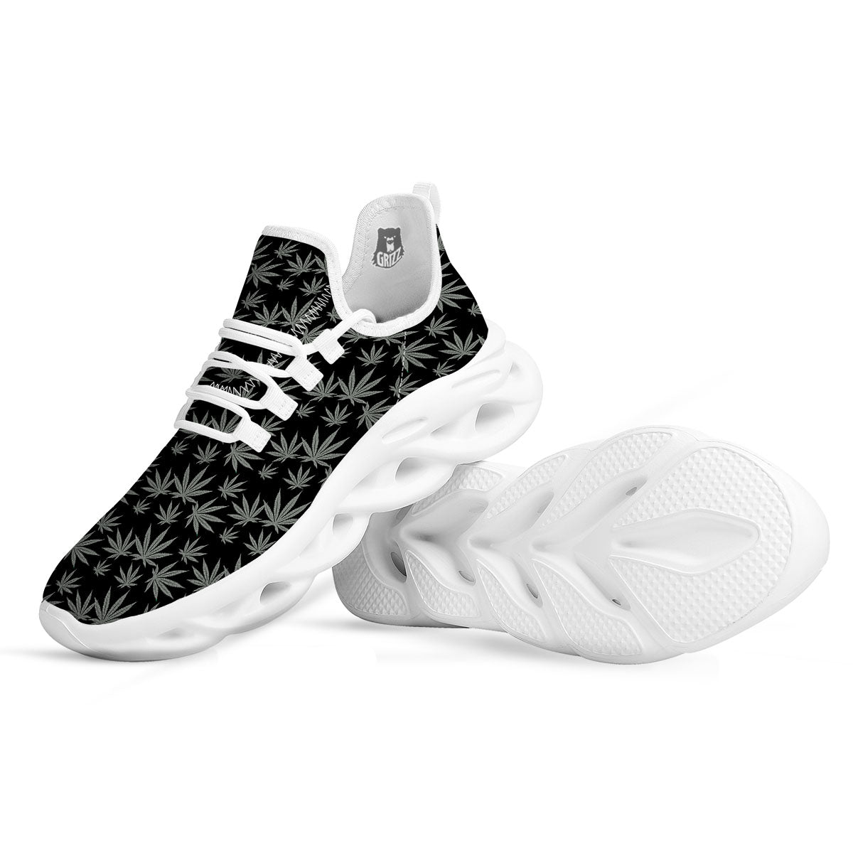 Pot Leaf Grey And Black Print Pattern White Running Shoes-grizzshop
