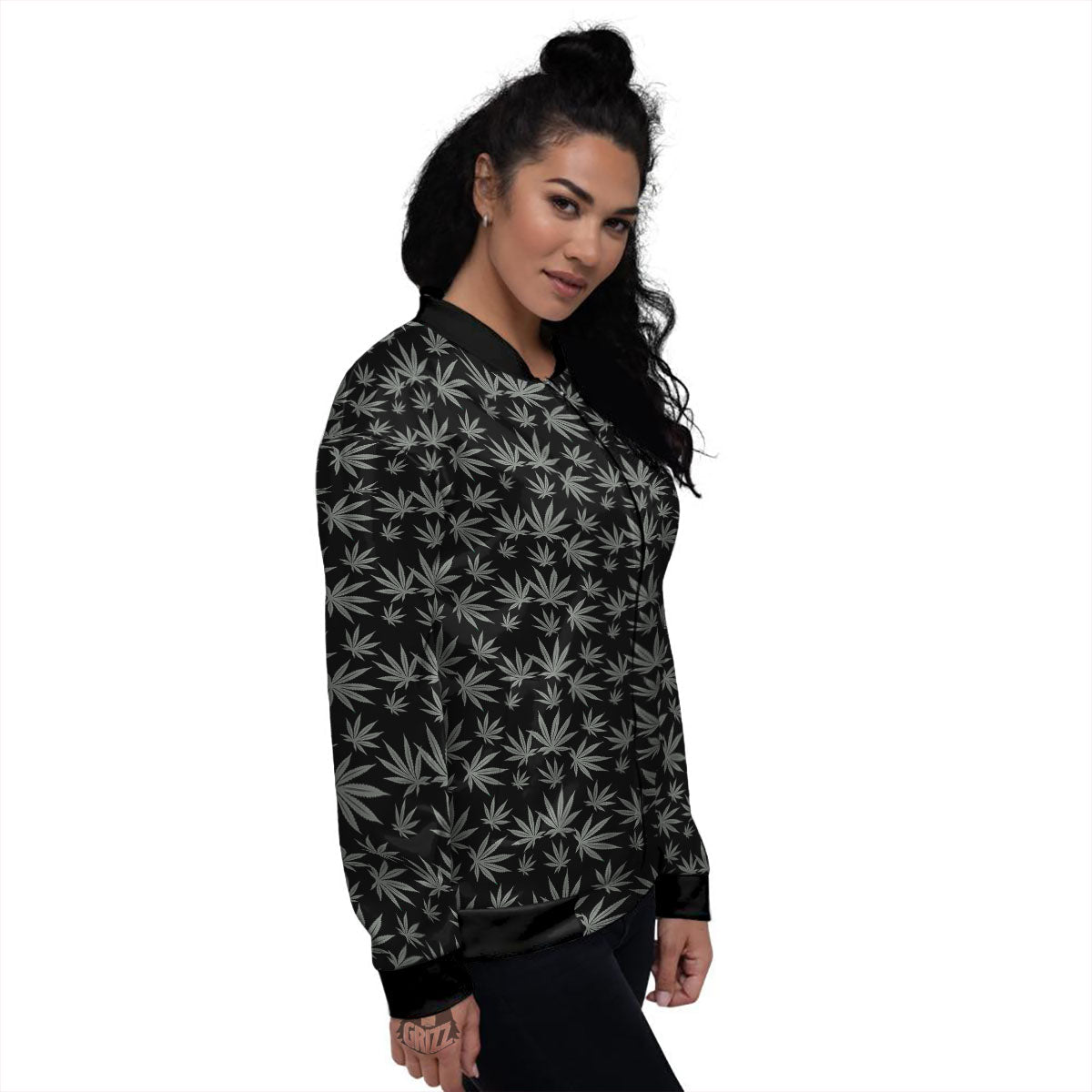 Pot Leaf Grey And Black Print Pattern Women's Bomber Jacket-grizzshop