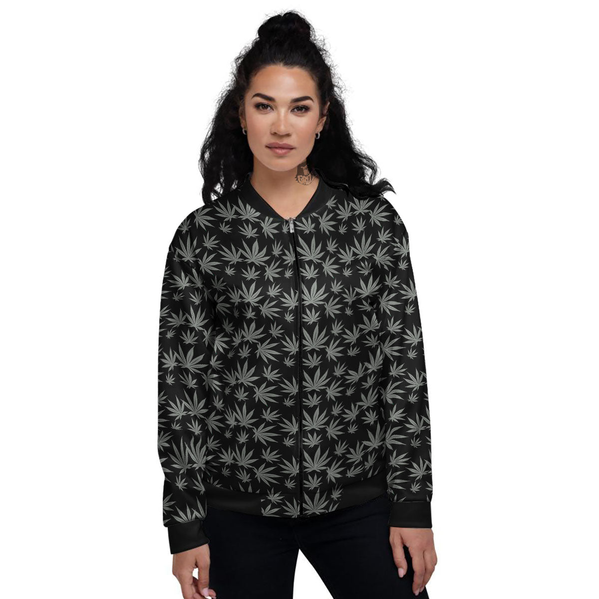 Pot Leaf Grey And Black Print Pattern Women's Bomber Jacket-grizzshop