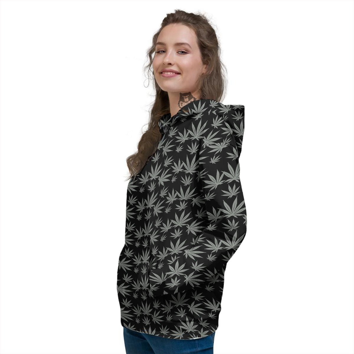 Pot Leaf Grey And Black Print Pattern Women's Hoodie-grizzshop