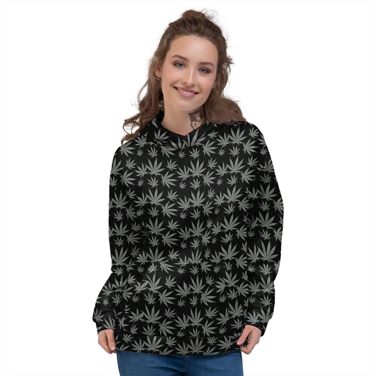 Pot Leaf Grey And Black Print Pattern Women's Hoodie-grizzshop
