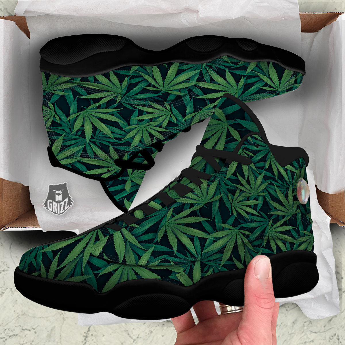Pot Leaf Print Pattern Black Basketball Shoes-grizzshop