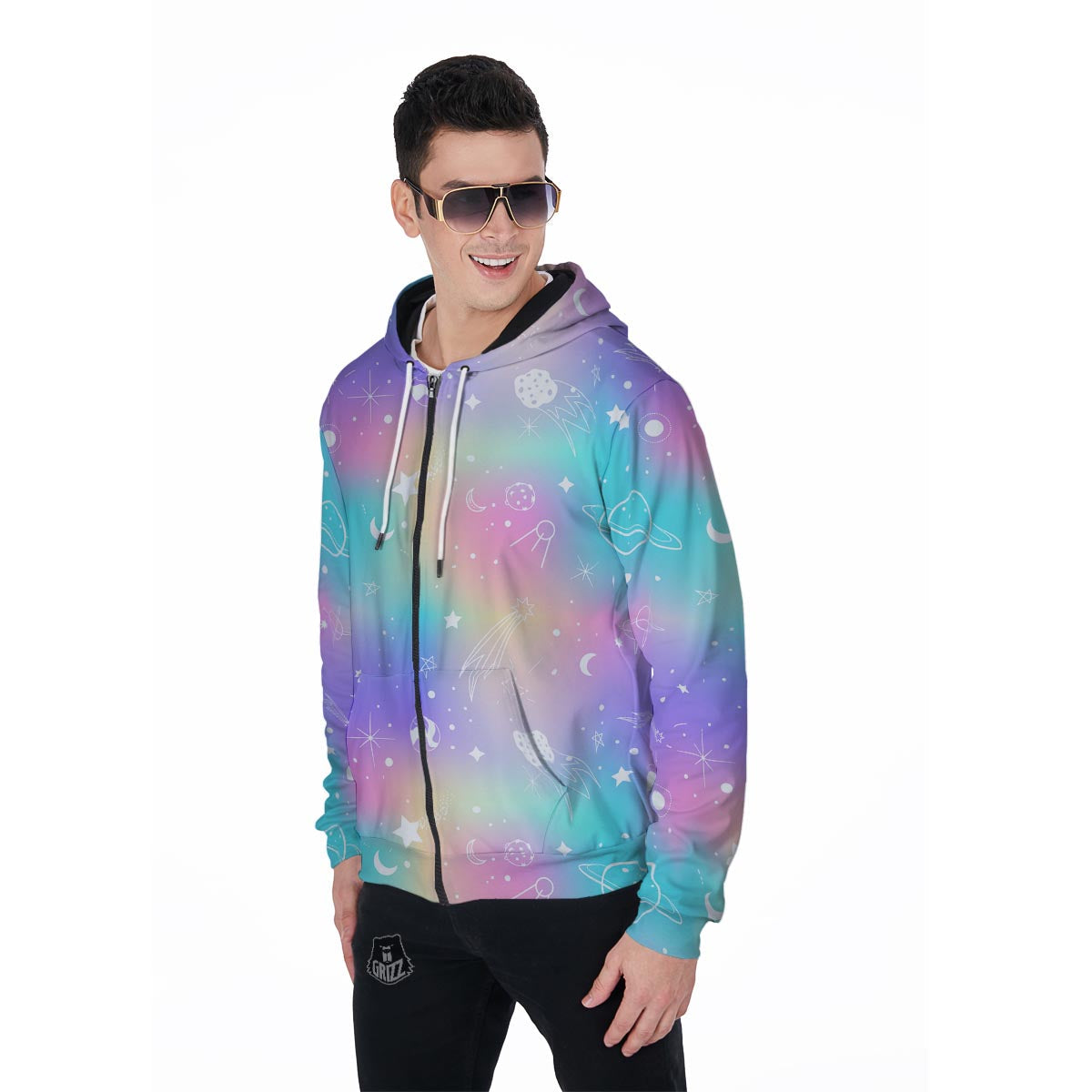 Print Holographic Men's Zip Up Hoodie-grizzshop