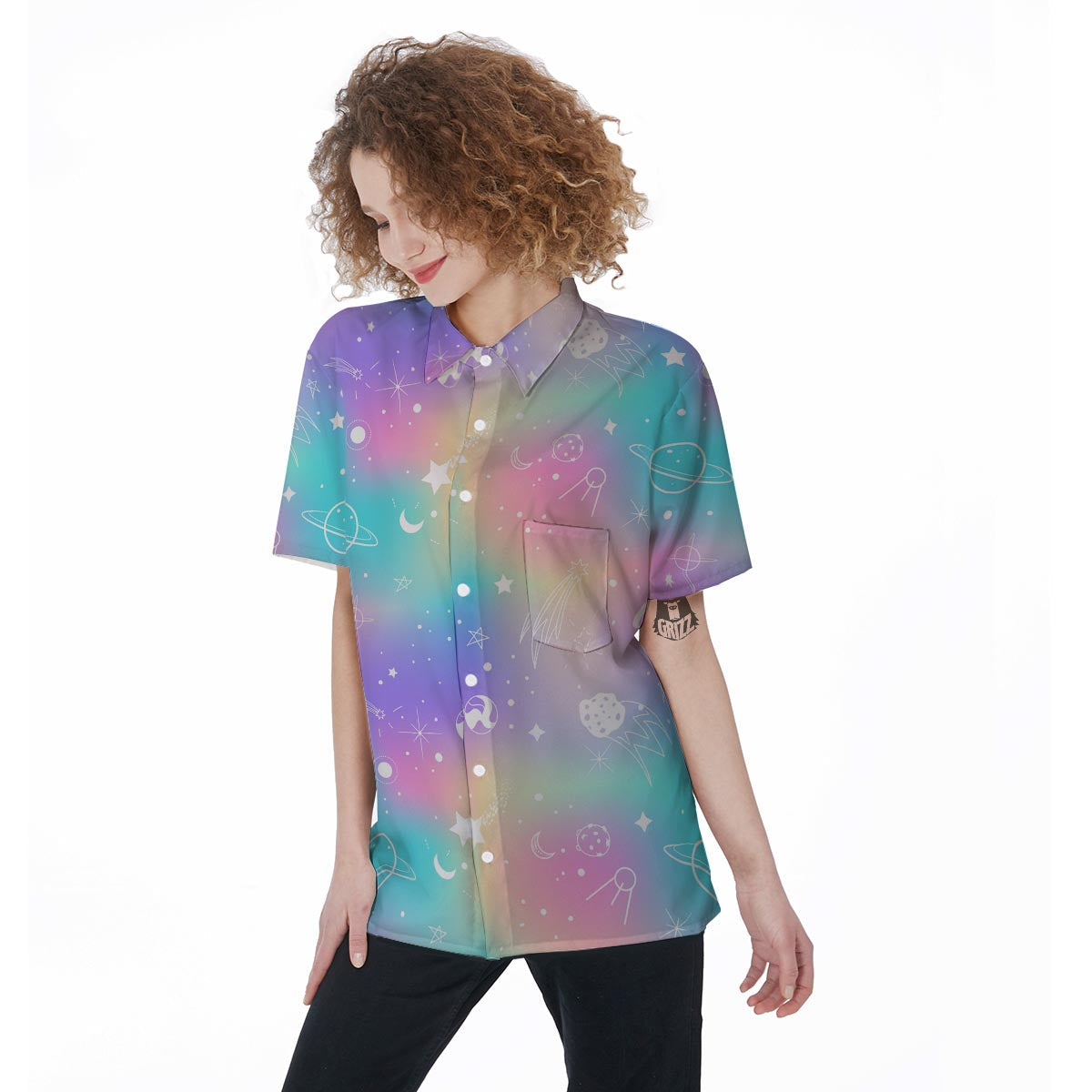 Print Holographic Women's Short Sleeve Shirts-grizzshop