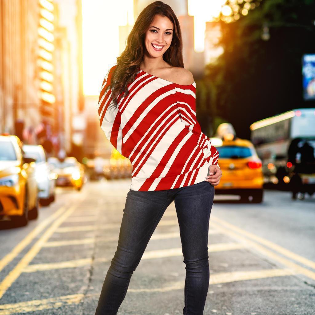 Print Pattern Candy Cane Women Off Shoulder Sweatshirt-grizzshop