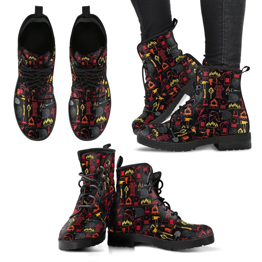 Print Pattern Firefighter Men Women Leather Boots-grizzshop