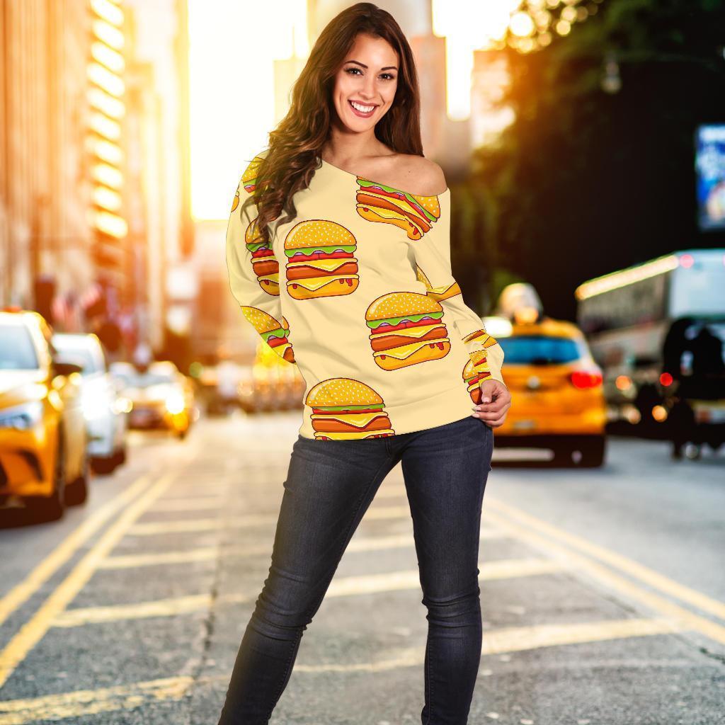 Print Pattern Hamburger Women Off Shoulder Sweatshirt-grizzshop