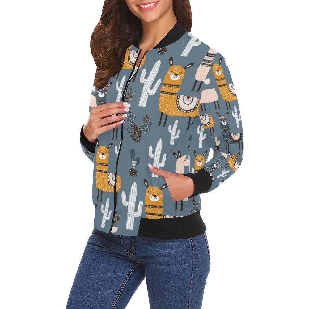 Print Pattern Llama Cactus Women Casual Bomber Jacket-grizzshop