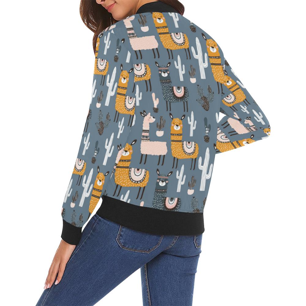 Print Pattern Llama Cactus Women Casual Bomber Jacket-grizzshop