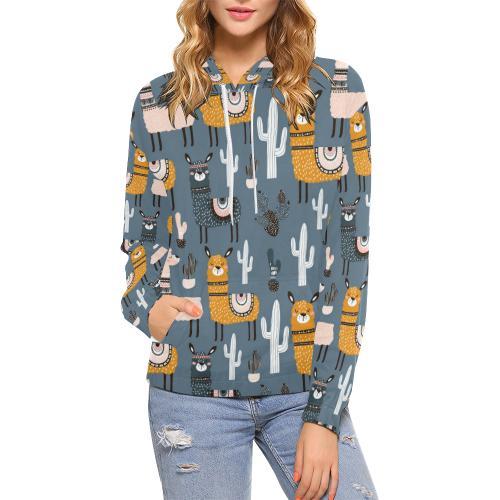 Print Pattern Llama Cactus Women Pullover Hoodie-grizzshop