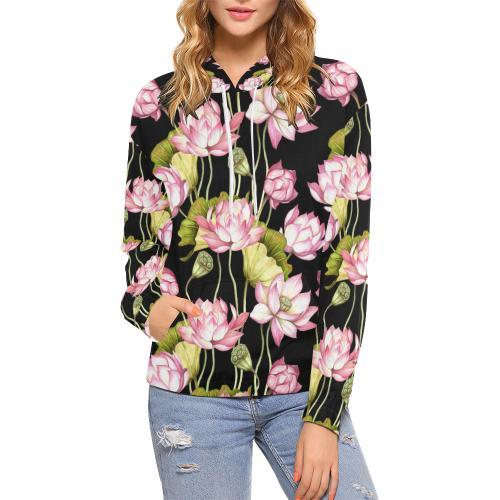 Print Pattern Lotus Women Pullover Hoodie-grizzshop