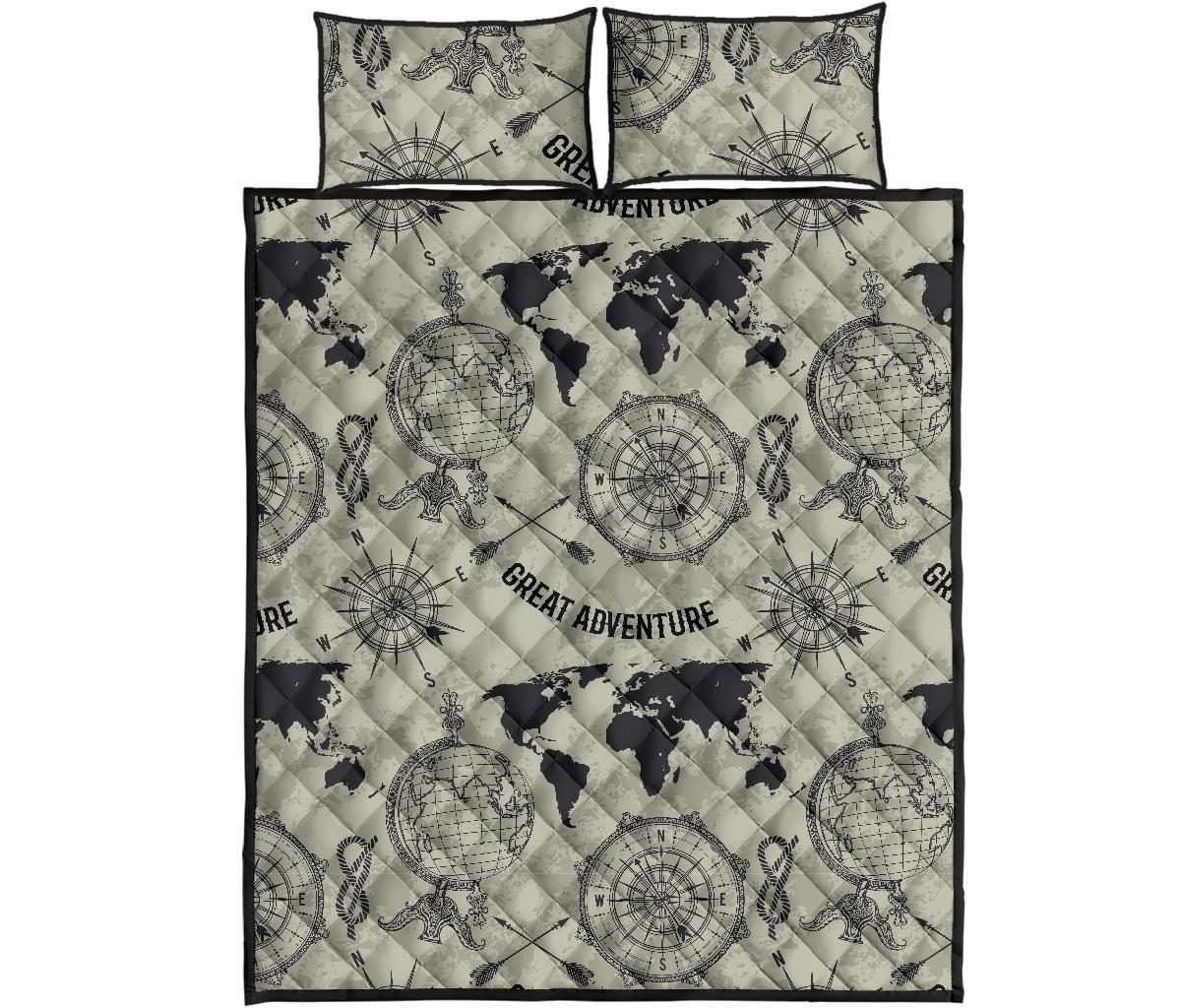 Print Pattern World Map Bed Set Quilt-grizzshop