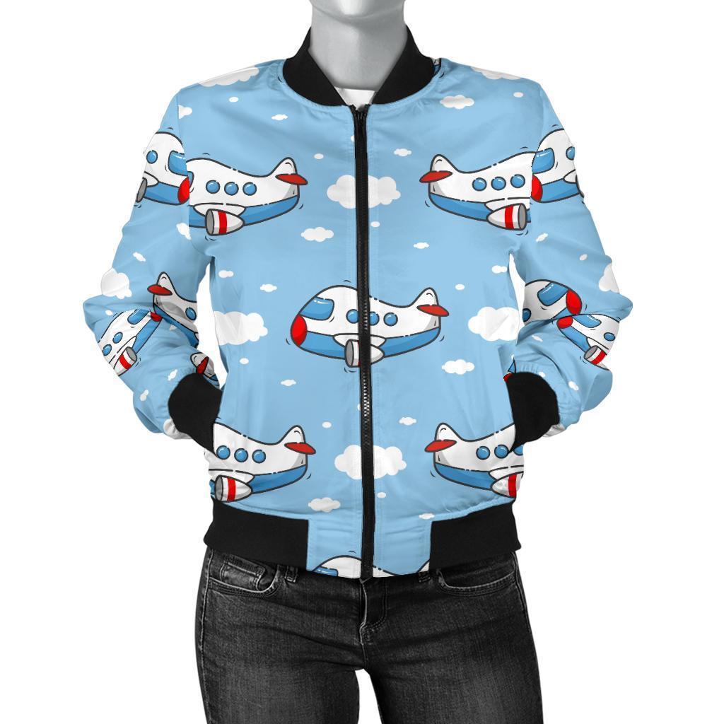Print Airplane Pattern Women Casual Bomber Jacket-grizzshop