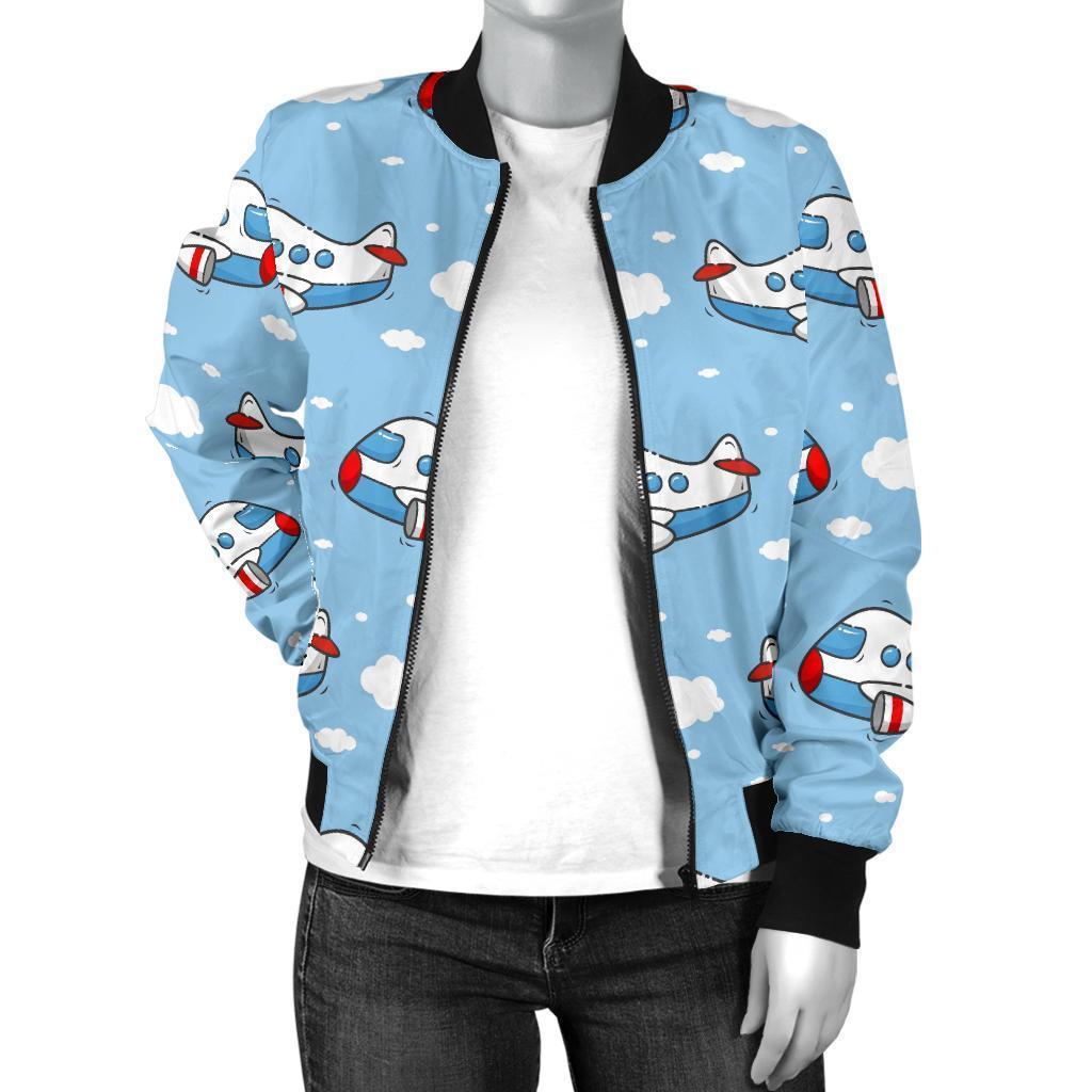 Print Airplane Pattern Women Casual Bomber Jacket-grizzshop