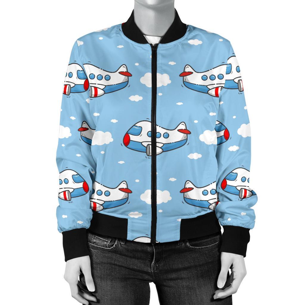 Print Airplane Pattern Women Casual Bomber Jacket-grizzshop