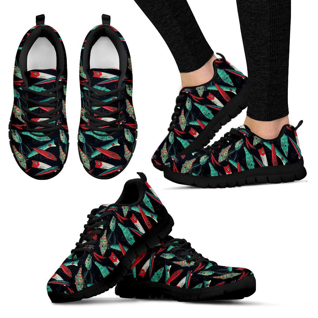 Print Pattern Bass Fishing Bait Black Sneaker Shoes For Men Women-grizzshop