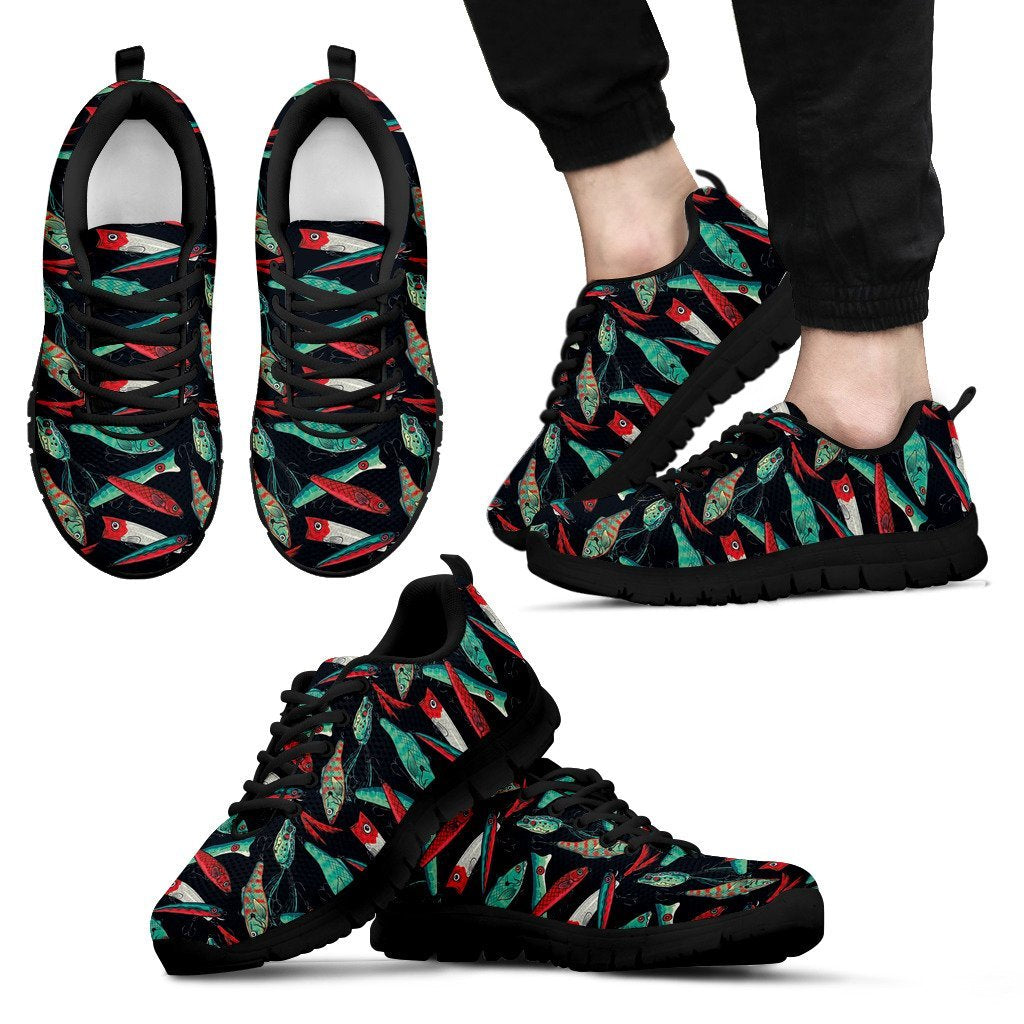 Print Pattern Bass Fishing Bait Black Sneaker Shoes For Men Women-grizzshop