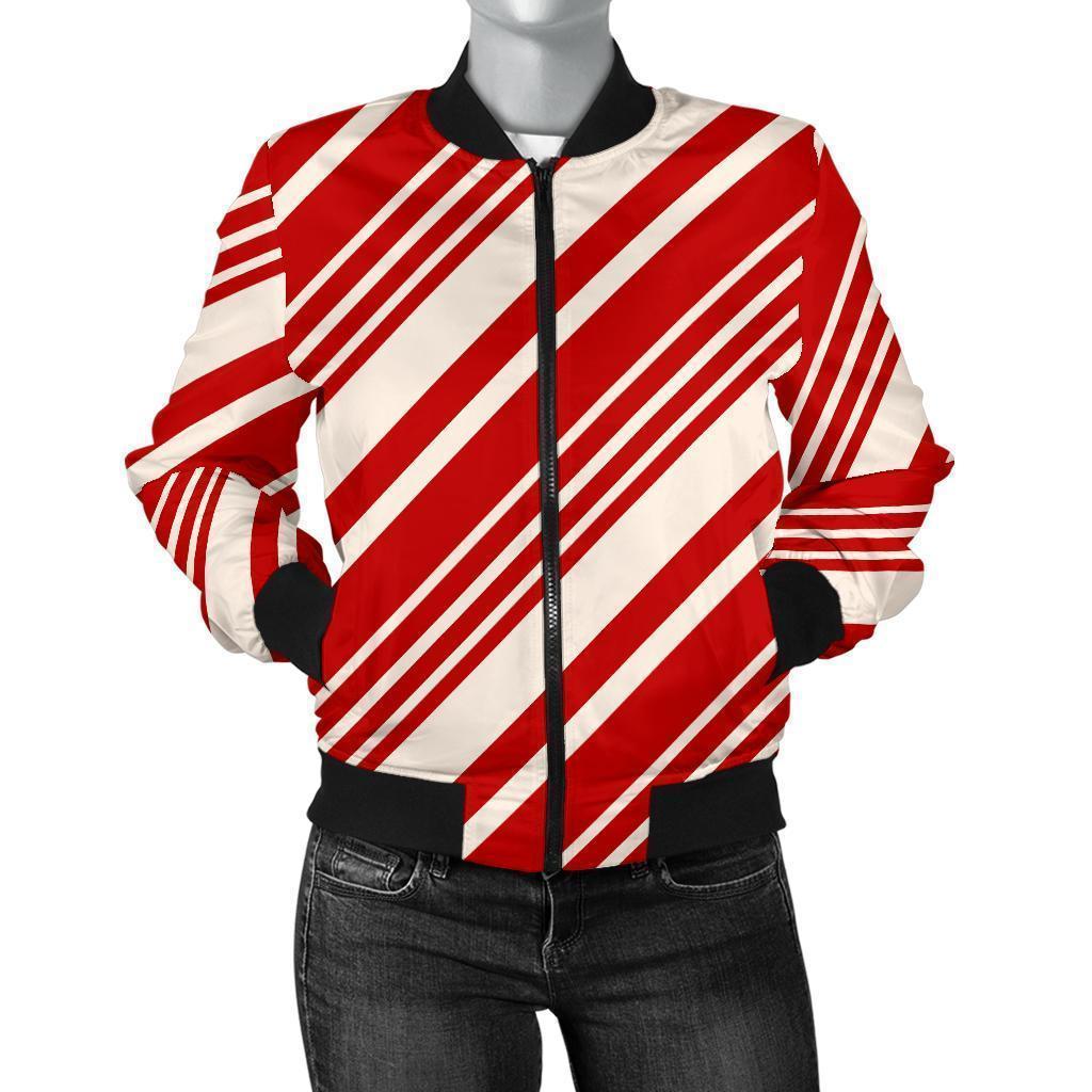 Print Pattern Candy Cane Women Casual Bomber Jacket-grizzshop